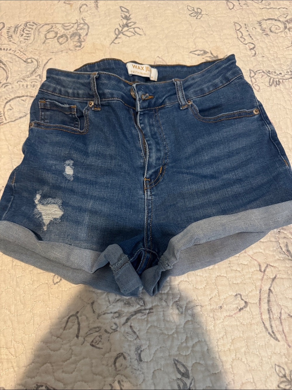Wax Jean Indigo Roll-Cuff Distressed Denim Shorts